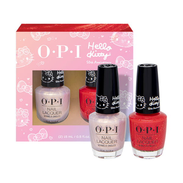 OPI Hello Kitty 50th, a gold shimmery lacquer nail polish and a classic red, opi gift set, opi barbie nail polish, nail lacquer set​, opi nail lacquer set​