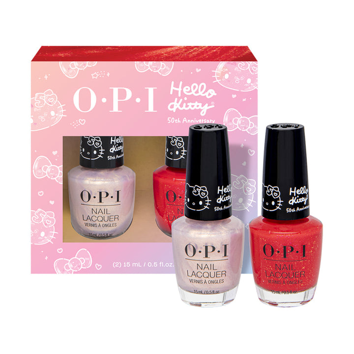 OPI Hello Kitty 50th, a gold shimmery lacquer nail polish and a classic red, opi gift set, opi barbie nail polish, nail lacquer set​, opi nail lacquer set​