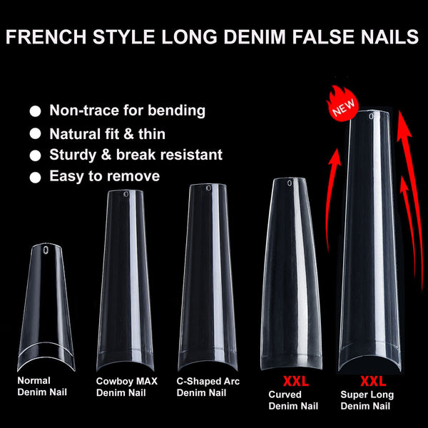 French Style Long Denim False Nails Ultra Thin and Traceless